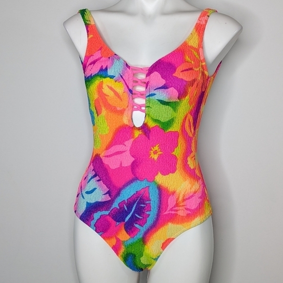 Vintage Other - Vintage colorful neon pink yellow blue tropical hibiscus floral swimsuit 8